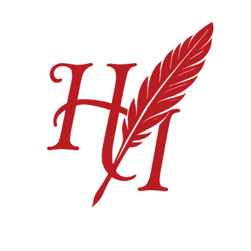 Logo Mots d’Hélisa : monogramme H et I traversé d’une plume rouge